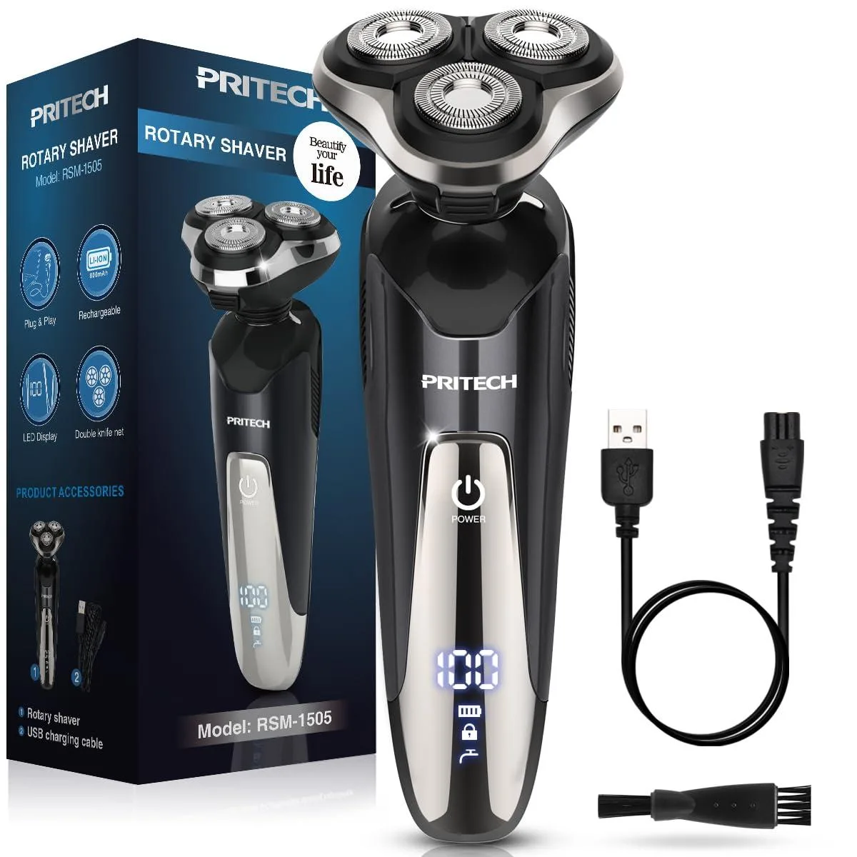 Black rotary shaver with three circular heads and LCD display