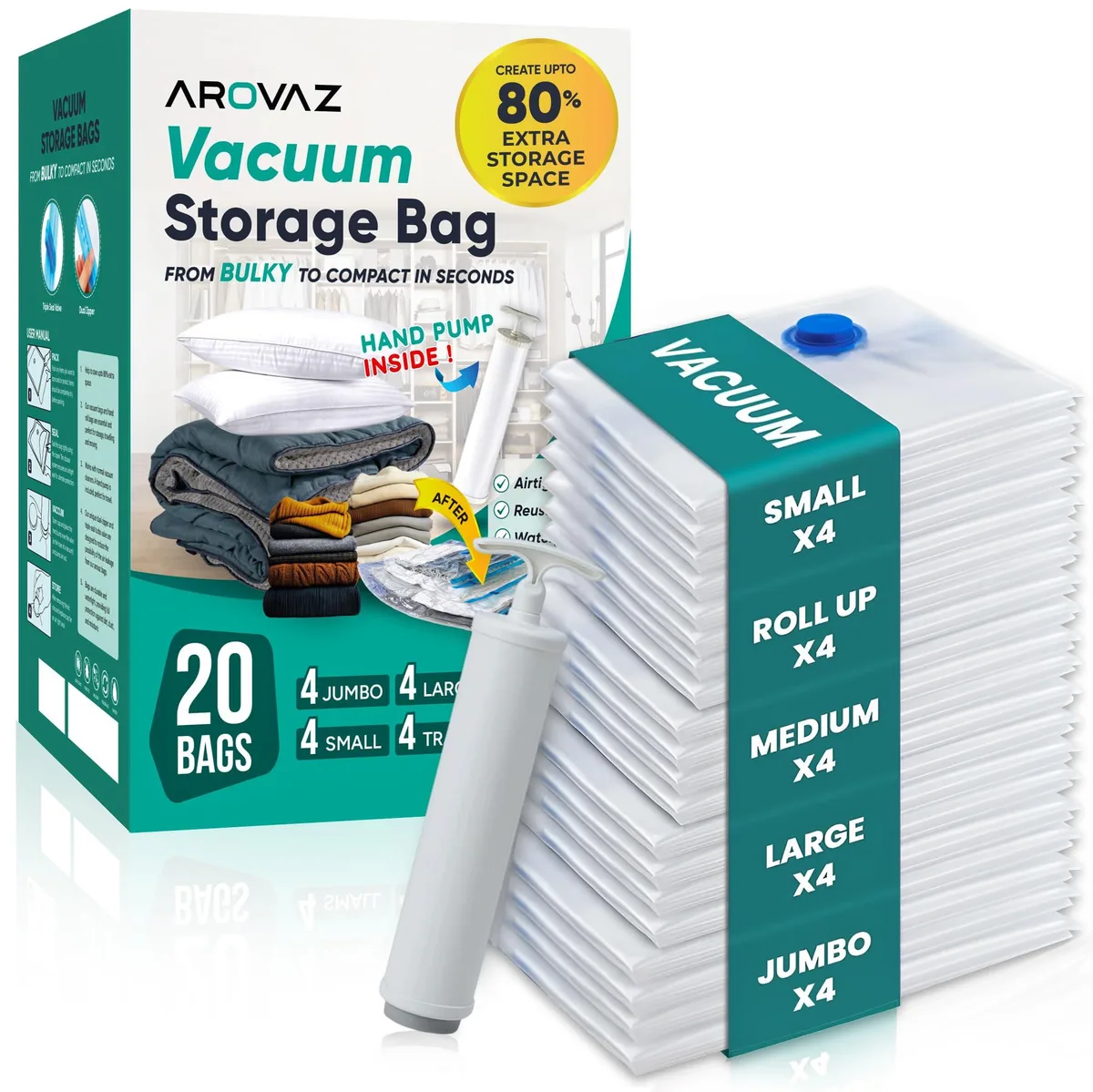 Transparent vacuum storage bags in a 20 pack with hand pump