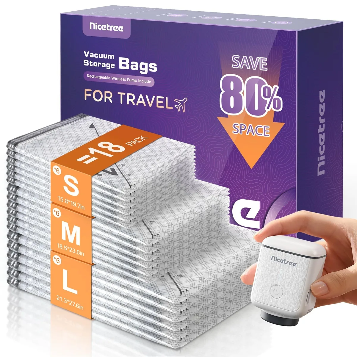 Set of beige nylon vacuum bags with a compact rechargeable pump