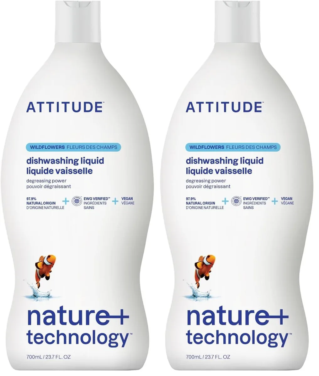 Two 23.7 Fl Oz bottles of plant-based dish soap in recyclable HDPE bottles