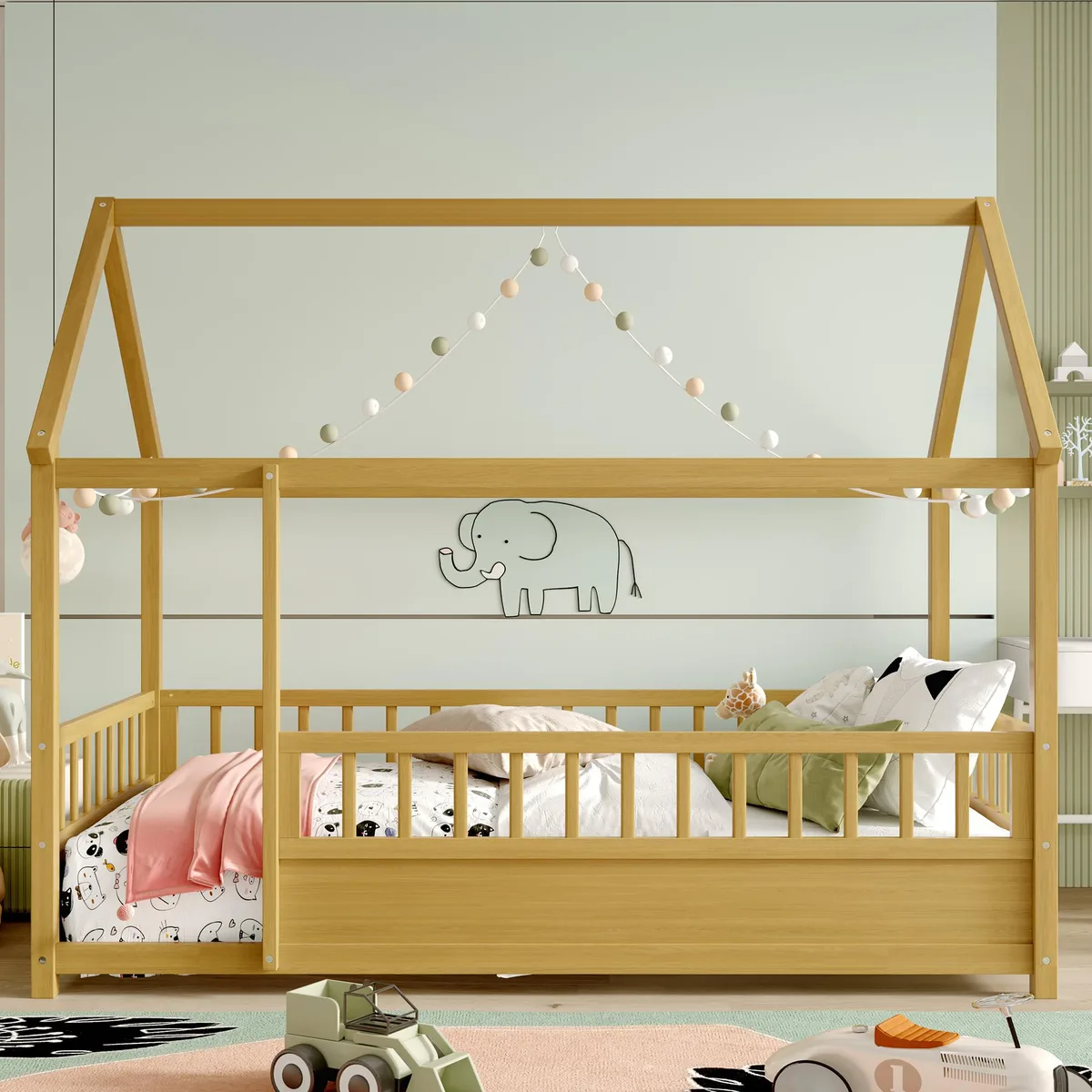 Twin floor bed in natural pine with house roof frame and guardrails