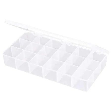 Clear plastic compartment box with 18 small square sections and snap closure