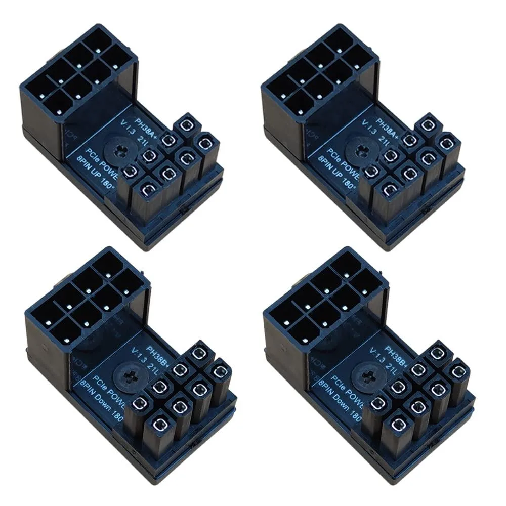 Four small black right-angle PCIe 8-pin adapters with foam tape