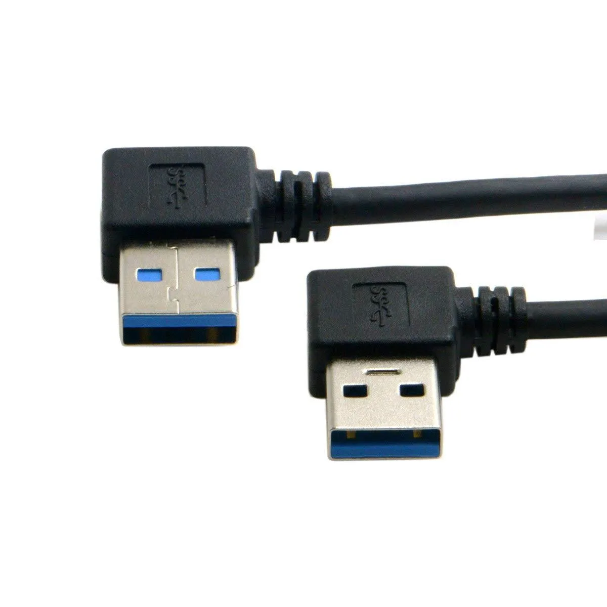 Blue USB 3.0 cable with 90 degree left and right angled Type A connectors, .5 m length