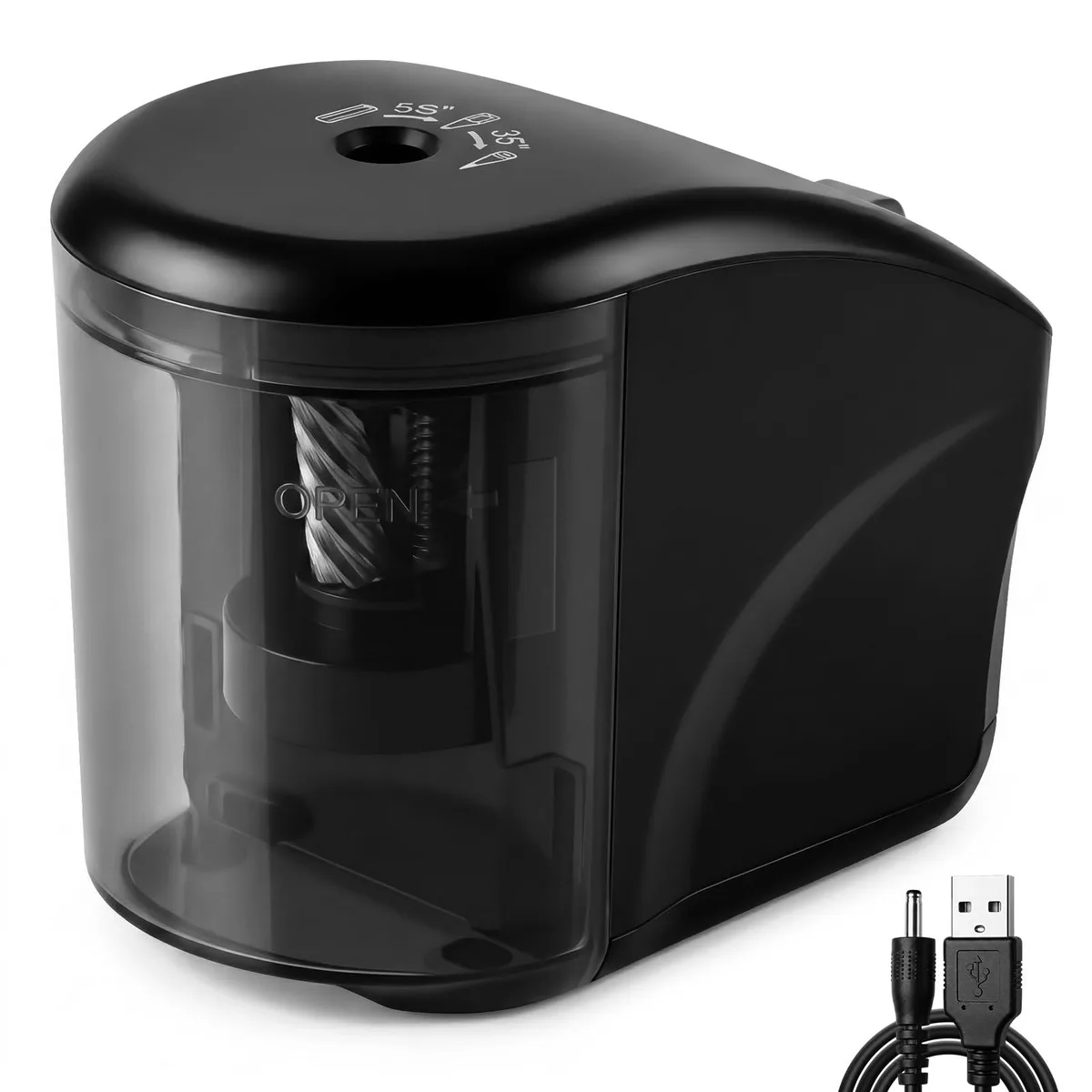 Compact black metal electric pencil sharpener, rectangular box shape, matte finish