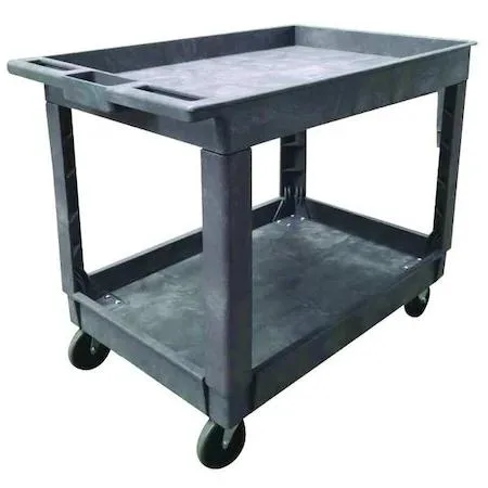 Gray polypropylene utility cart with two lipped shelves and four wheels