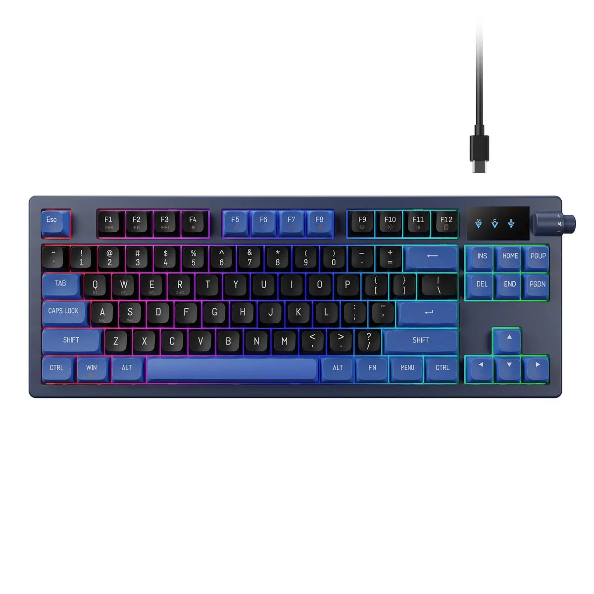 Tenkeyless mechanical keyboard, gunmetal frame, matte black and royal blue PBT keycaps, volume knob, RGB lighting