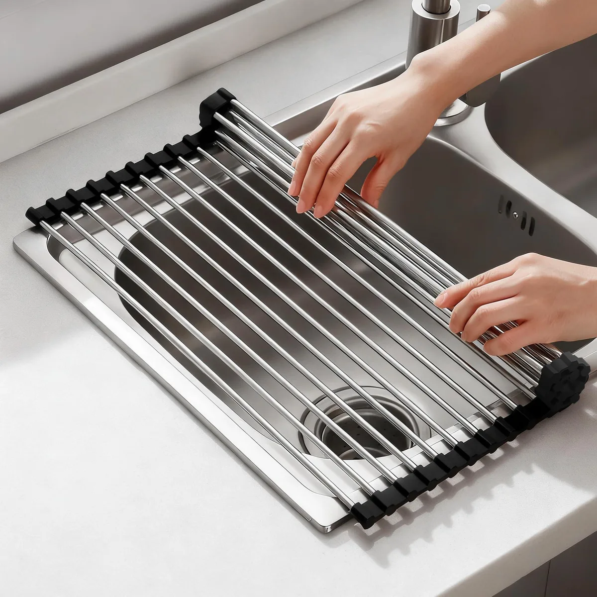 Black roll-up drying rack with stainless steel rods, 17.5 by 15.7 inches