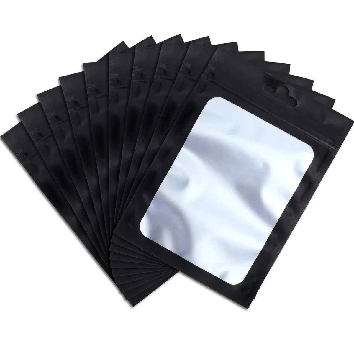 Pack of 100 black resealable foil bags with clear window, 6.3 x 9.4 in