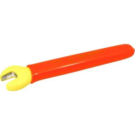 Orange and yellow insulated open-end wrench, 7/16 inch, 1000V rated