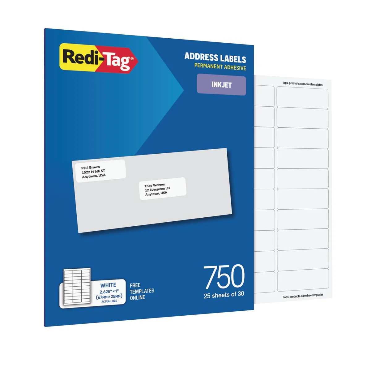 White rectangular address labels on 25 sheets, 30 per sheet, 750 total, 1 by 2.625 inches
