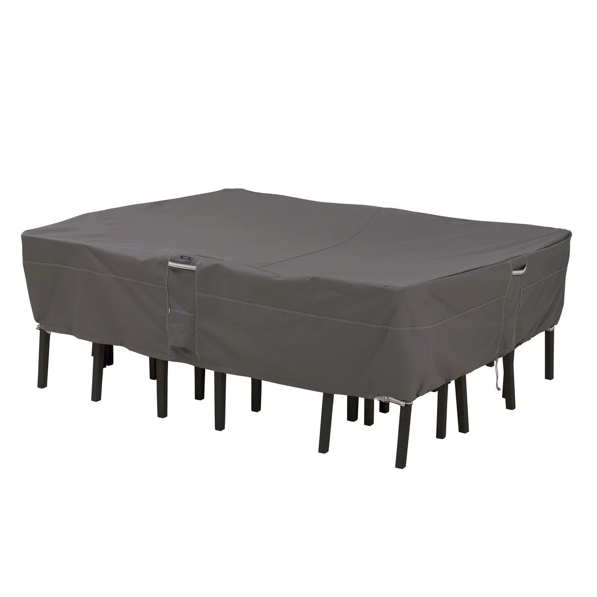 Navy blue rectangular patio table and chair cover with padded handles and click-close straps