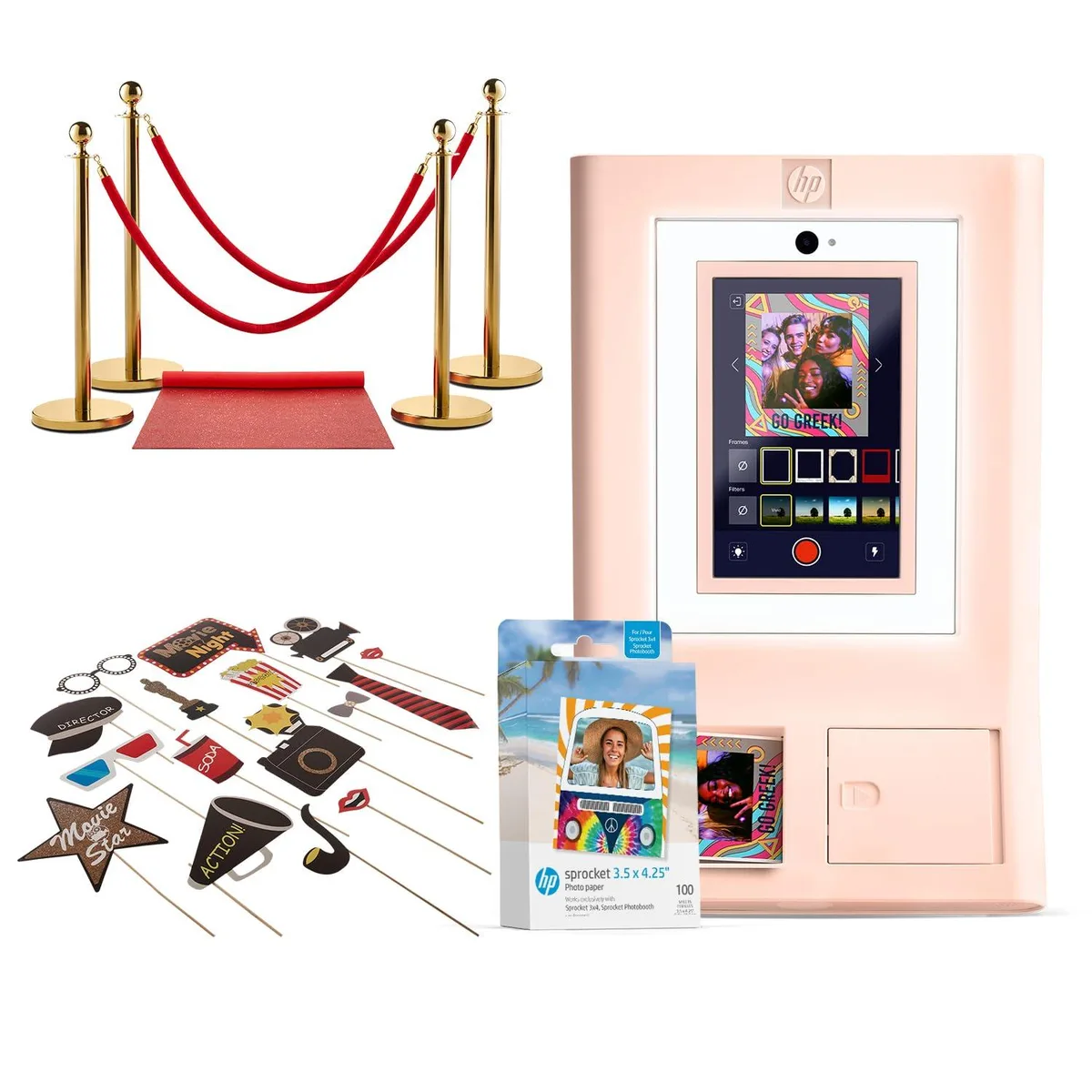 HP HP Sprocket Photo Booth Printer Pink + 100 Sheets Zink Paper + Red Carpet &amp; Hollywood Props Bundles — product photo