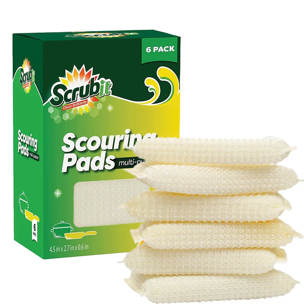 Six white rectangular non-scratch scouring pads with rounded corners