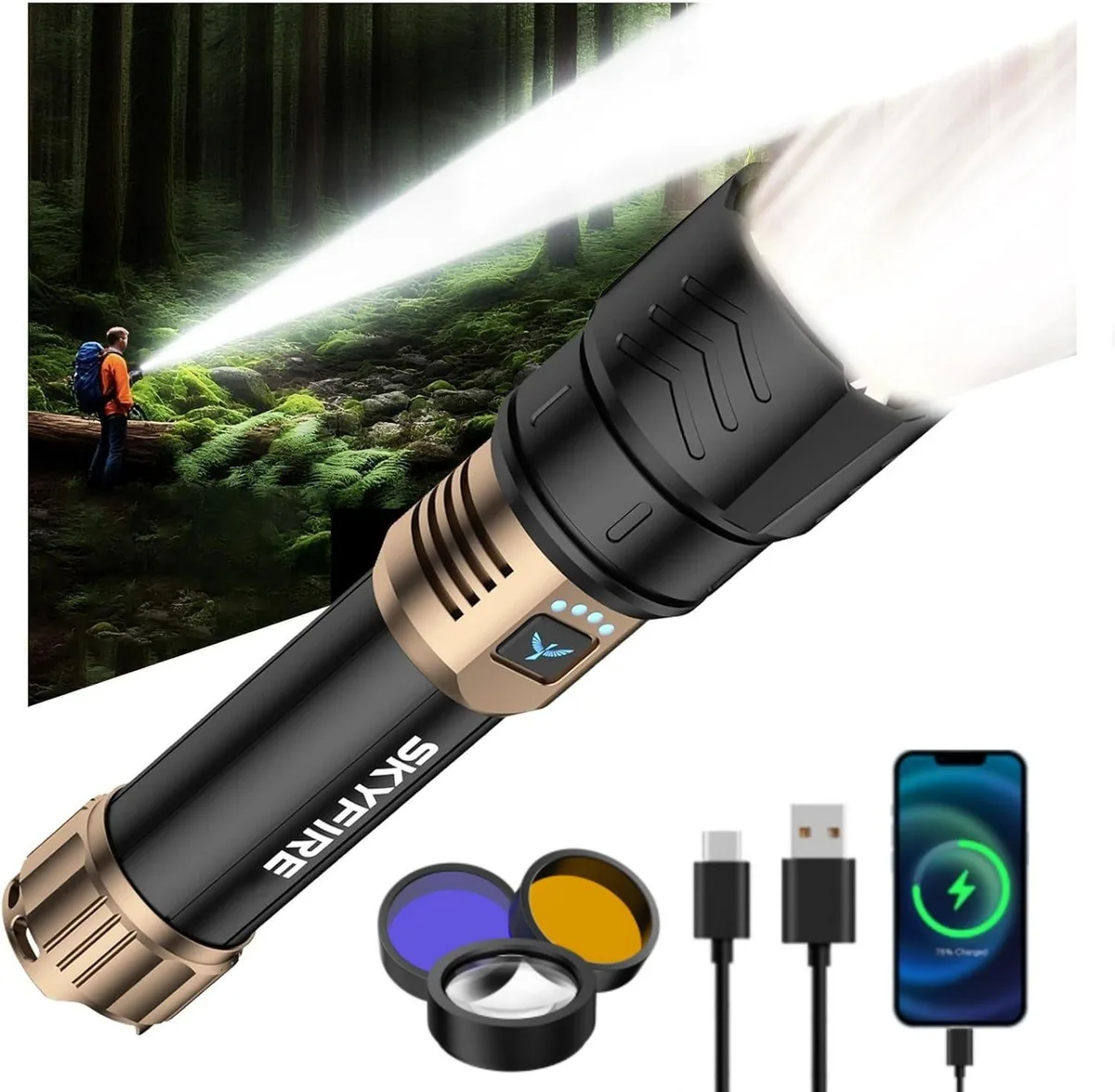 Black tactical flashlight with ignition lens and yellow blue attachments, zoomable head, textured grip