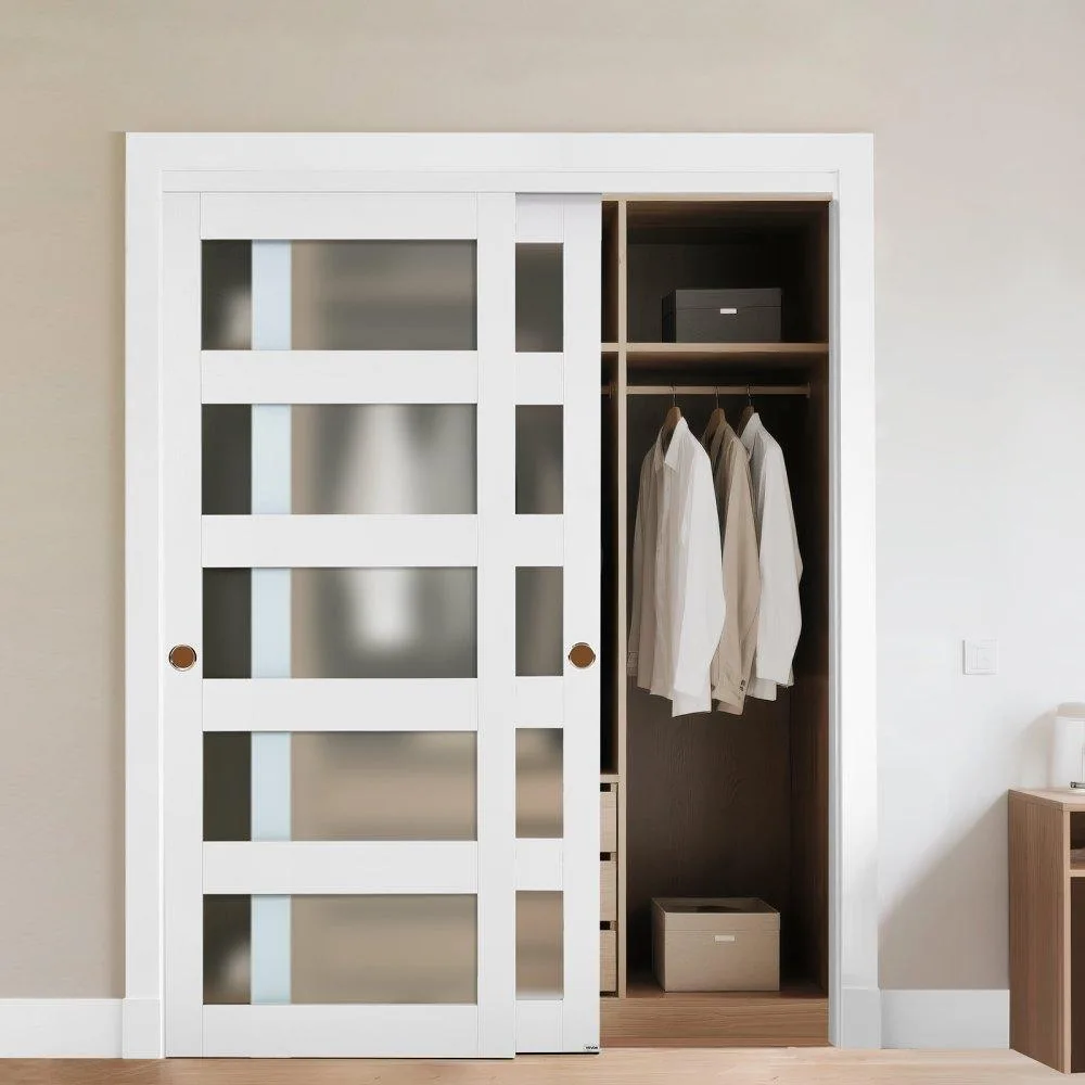 VEVOR VEVOR Sliding Closet Door 60 x 80 inch 5-Lite Frosted Glass Bypass Double Panel 31 inch White — product photo
