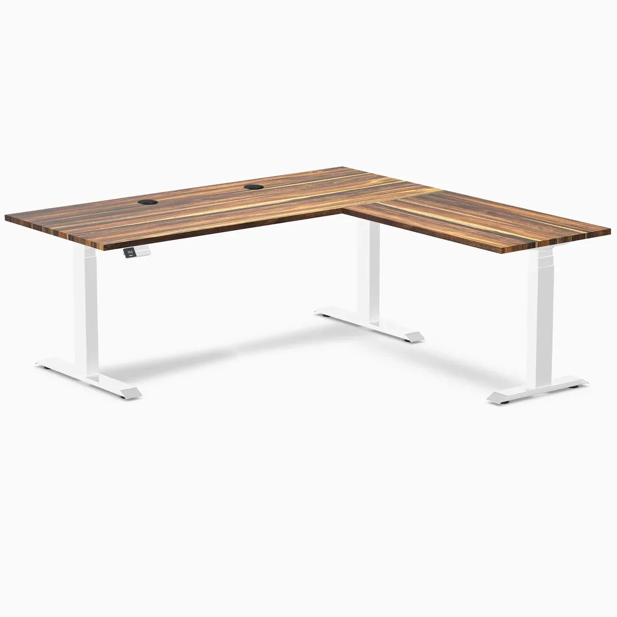 Desky Desky Hardwood L-Shape Sit Stand Desk Pheasantwood White 72 x 30 x 70 x 24 in with Grommets — product photo