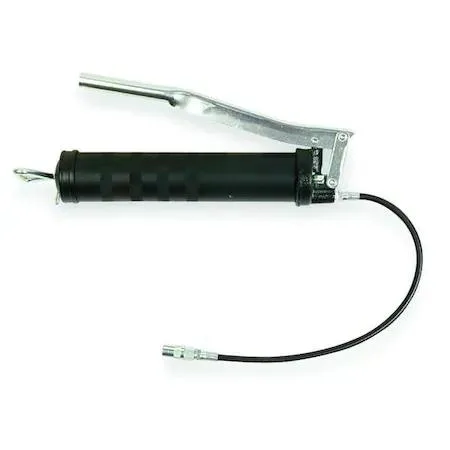 Silver lever grease gun with black flex hose and coupler