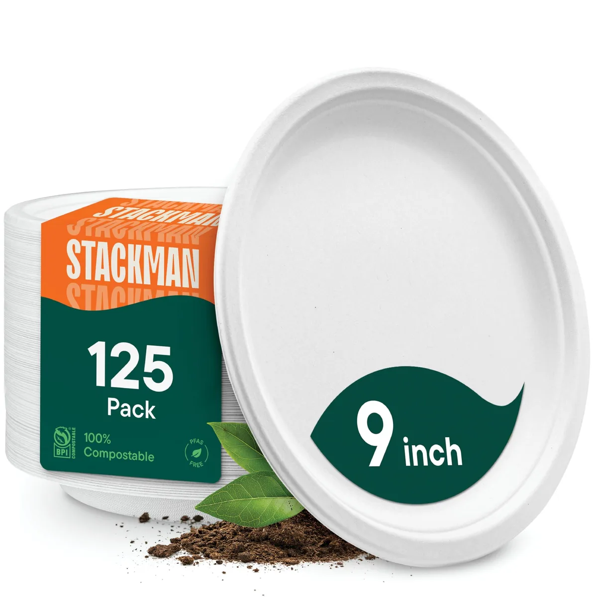 White round paper plates stacked in a 125-count pack, smooth matte finish, 9 inch diameter