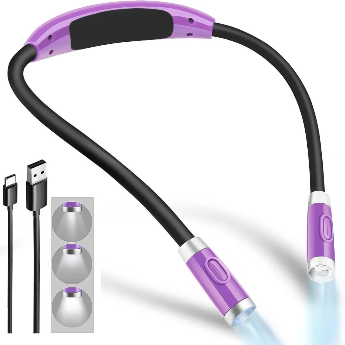 Purple flexible neck book light with four LEDs, worn around the neck