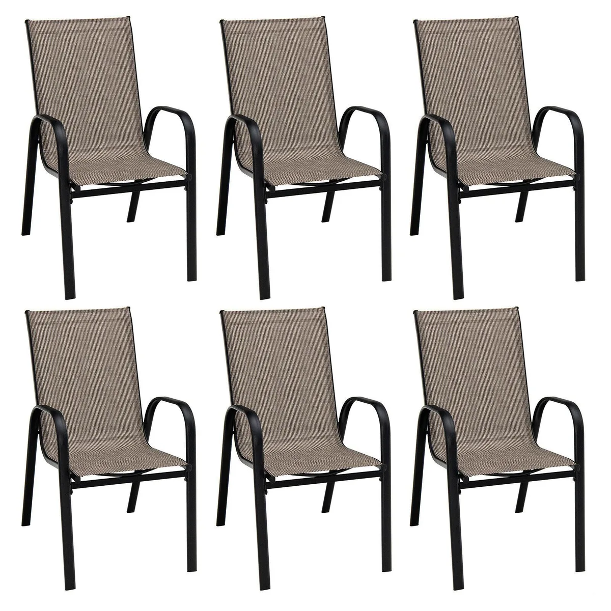Six stackable brown fabric dining chairs with black steel frames and curved armrests