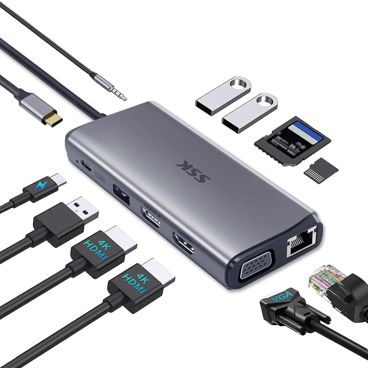 Compact grey USB-C hub with multiple ports on both sides