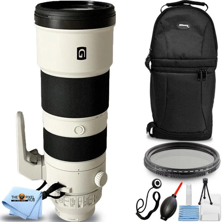 Sony Sony FE 200-600mm f/5.6-6.3 G OSS camera lens with VND filter and backpack — product photo