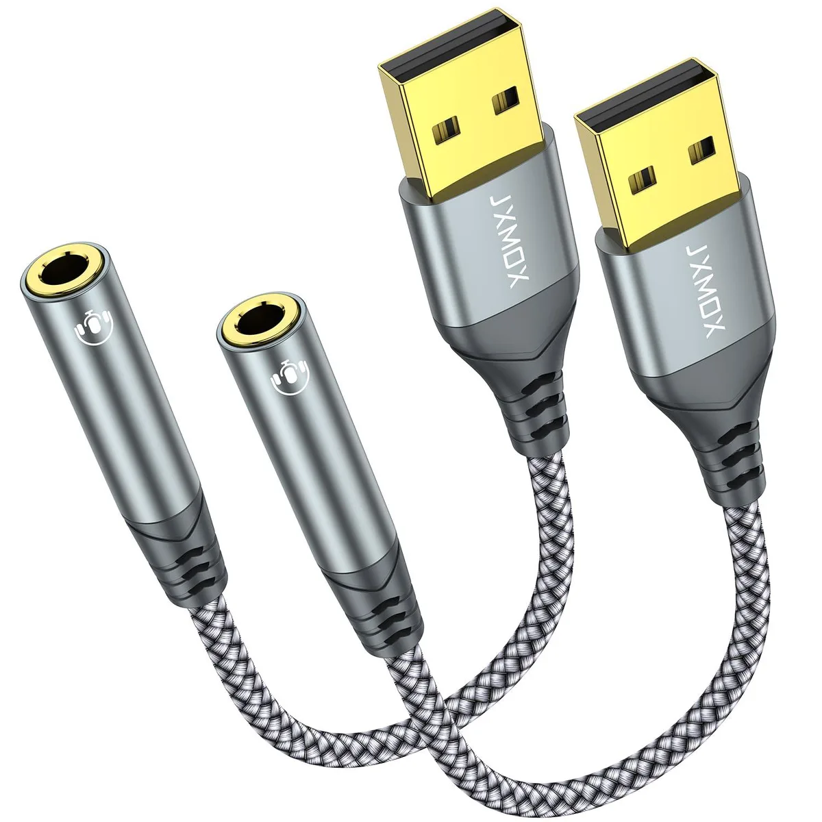 Two compact USB-A to 3.5 mm adapters with metal casings