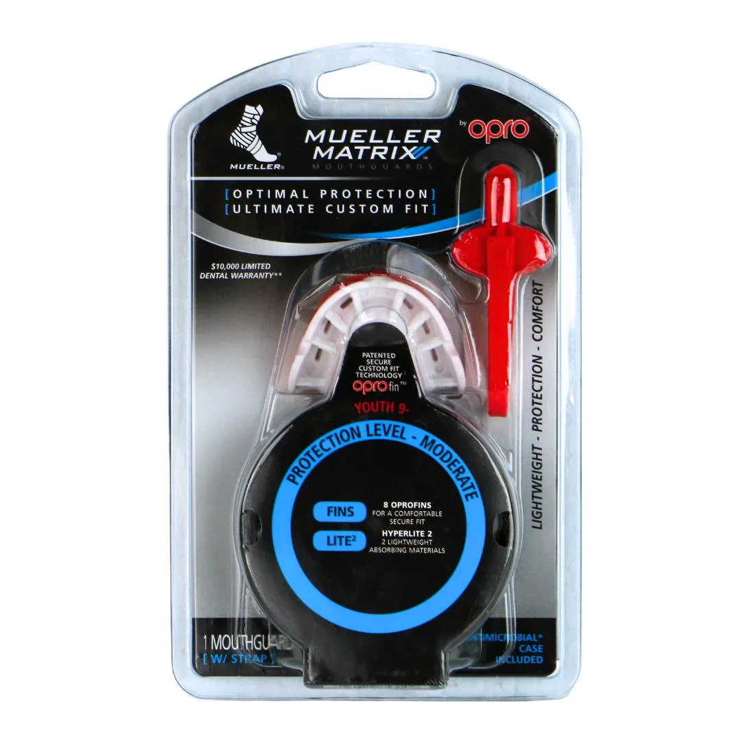 Red youth mouthguard with open front palate, fitting handle, spacers, strap and case