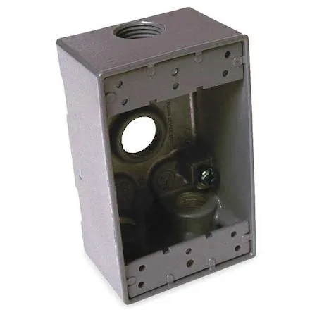 Gray rectangular aluminum electrical box with four 3/4 inch hubs and mounting lugs