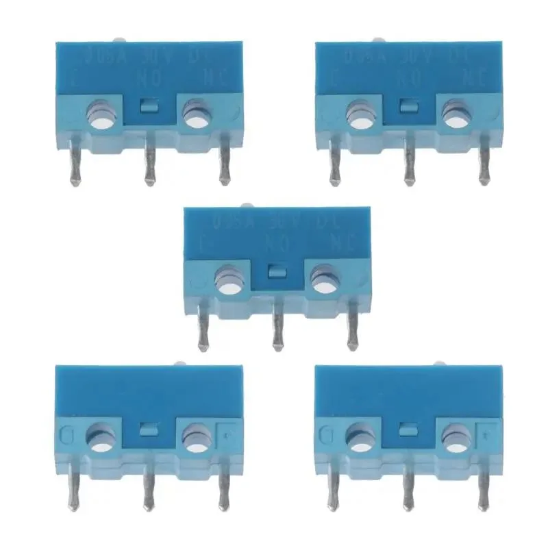 Five blue-shell micro switches with white dots and silver contacts