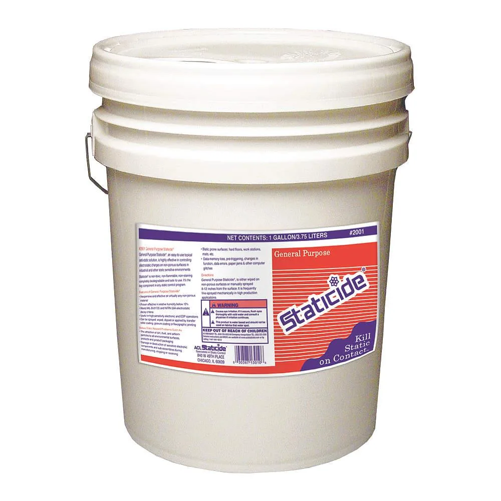 White 5-gallon pail of Acl Staticide 2001 anti-static liquid