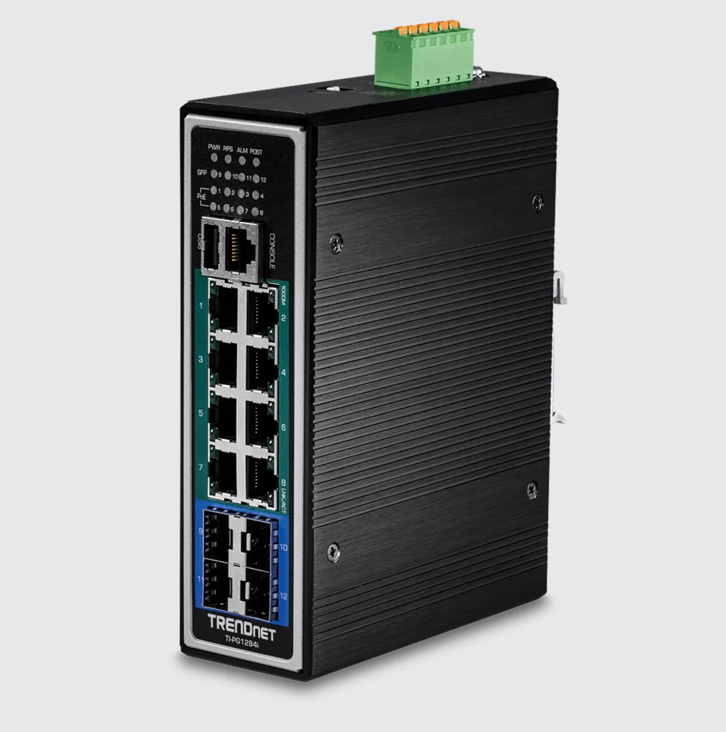 TRENDnet TRENDnet TI-PG1284i 12-port hardened industrial Gigabit PoE+ managed network switch — product photo