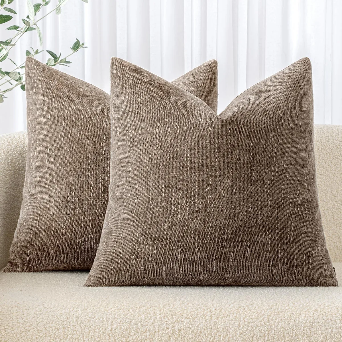 Two square taupe-grey chenille pillow covers with slubby texture, 50x50cm