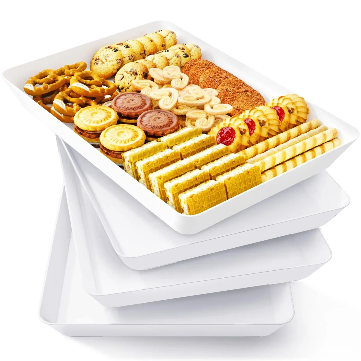 Four clear rectangular plastic trays with raised edges, stacked together