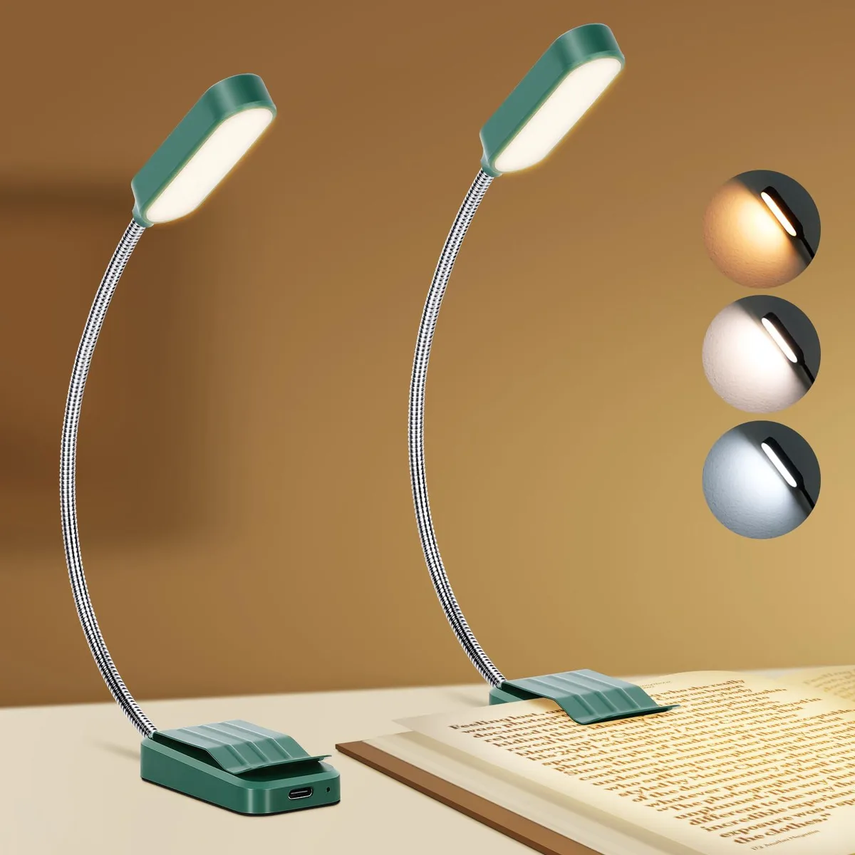 Two slim clip-on book lights with flexible goosenecks and matte finish