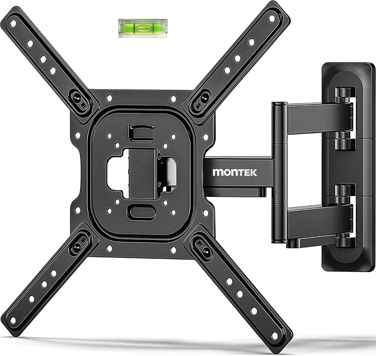 Black steel full-motion TV wall bracket with articulated arms, extends 17 inches, retracts to 2.08 inches