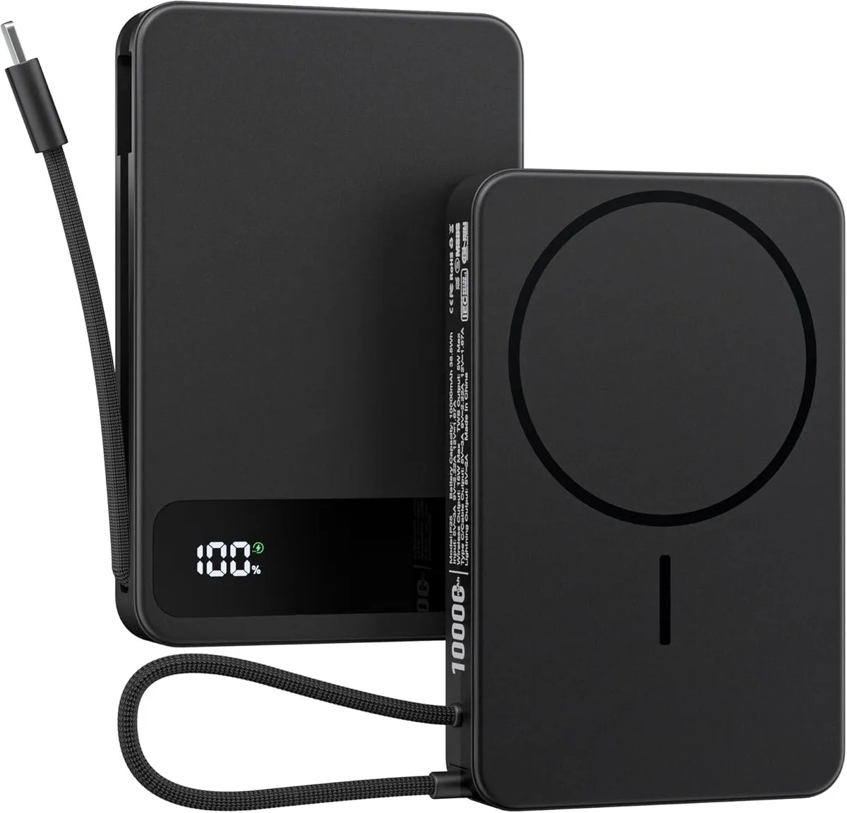Black rectangular power bank with built-in cables and magnetic surface