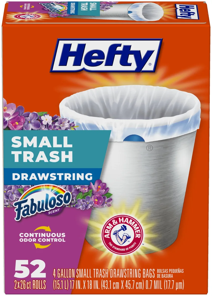 Box of 52 white drawstring trash bags, 4 gallon capacity