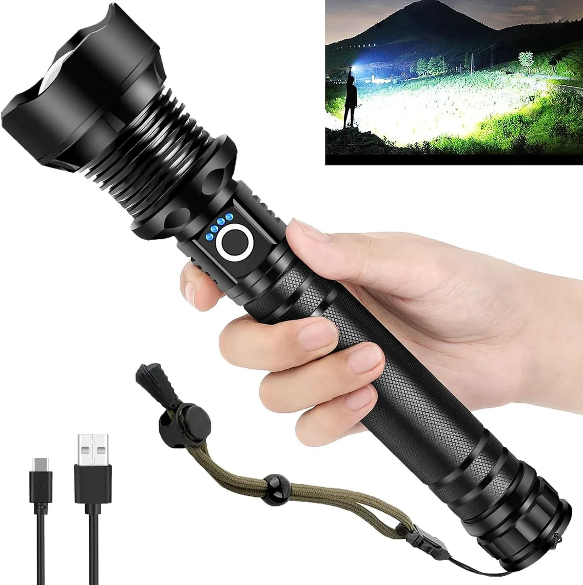 Black anodized aluminium flashlight with zoom head and USB charging port