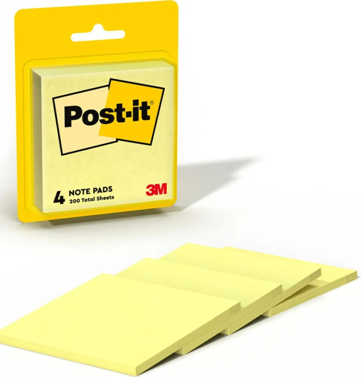Four square pads of Canary Yellow sticky notes, three inches each side