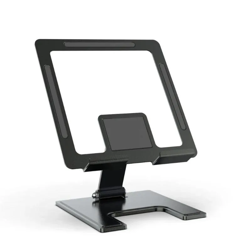 Black aluminium alloy tablet stand folded flat on desk