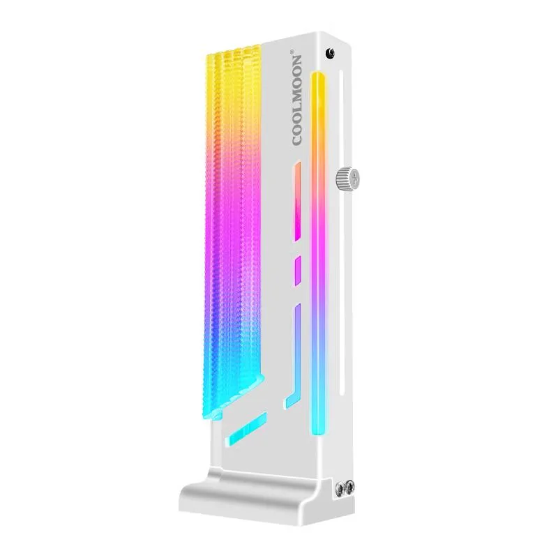 White vertical GPU support bracket with ARGB lighting, 175 mm tall, adjustable slider, magnetic base