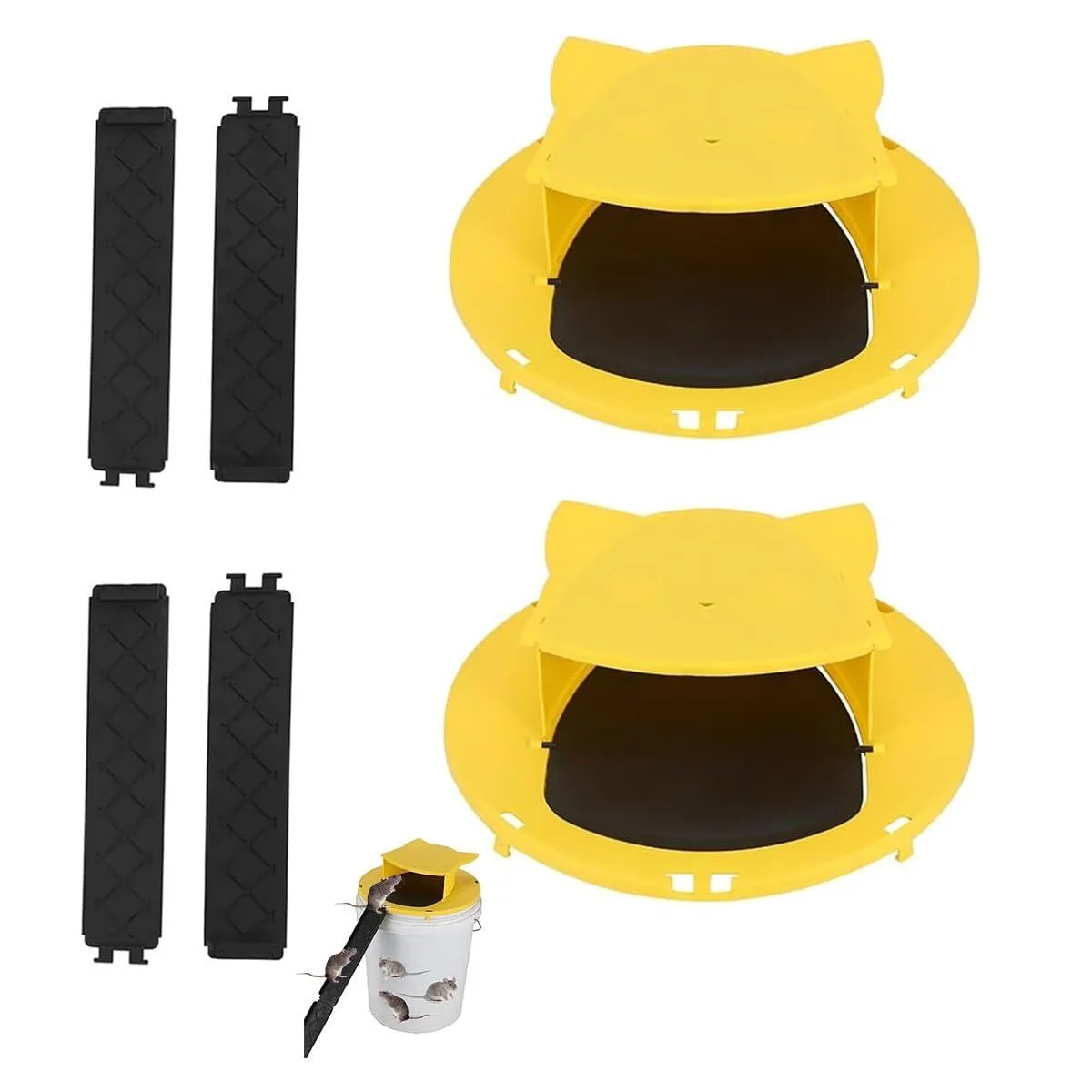 Two plastic auto-reset trap lids for five-gallon buckets