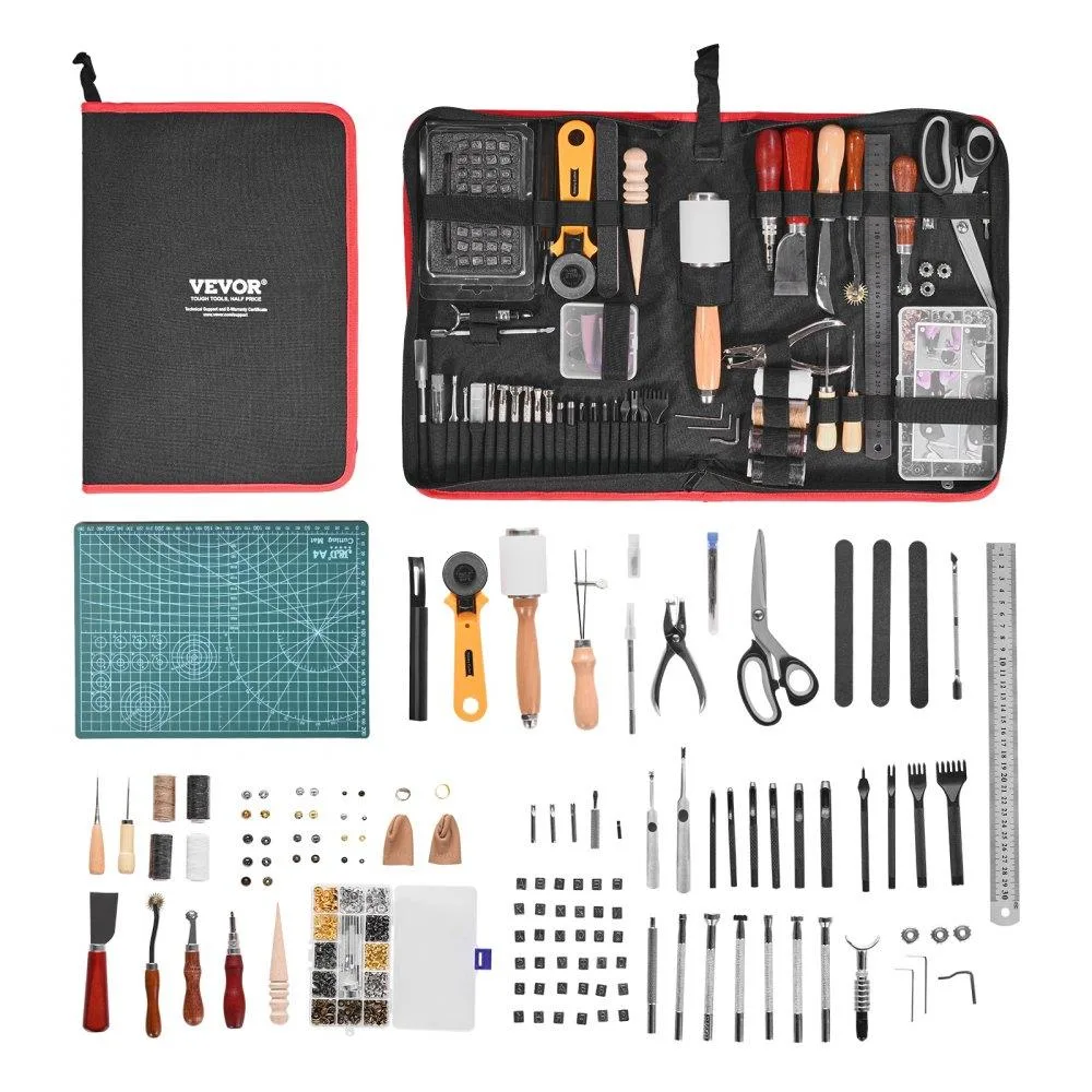 Open canvas bag revealing 61 leather tools including knives, punches, stamps, needles, ruler and cutting mat