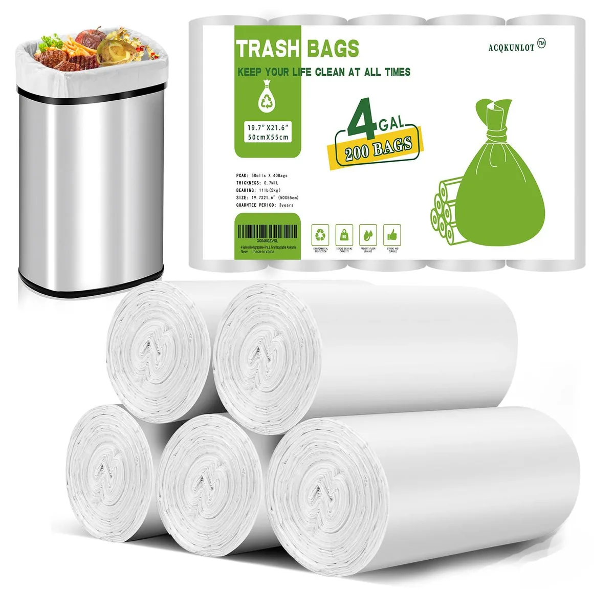 White semi-transparent biodegradable trash bags on a roll, 200 count pack