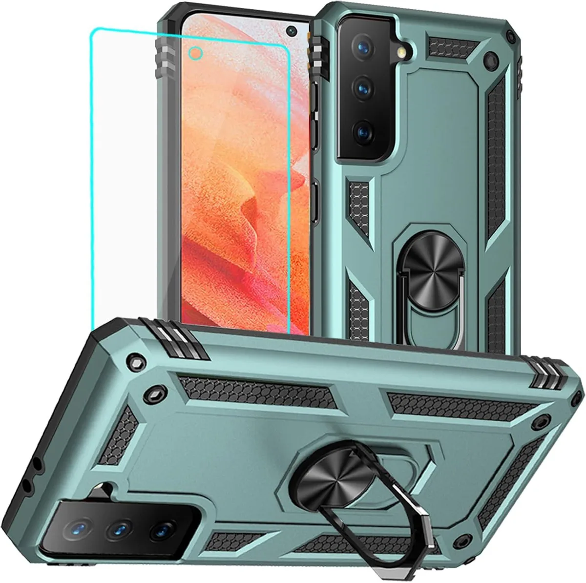 TAURKENAM TAURKENAM Galaxy S21 5G Case Dark Green with Ring Kickstand and Screen Protector — product photo