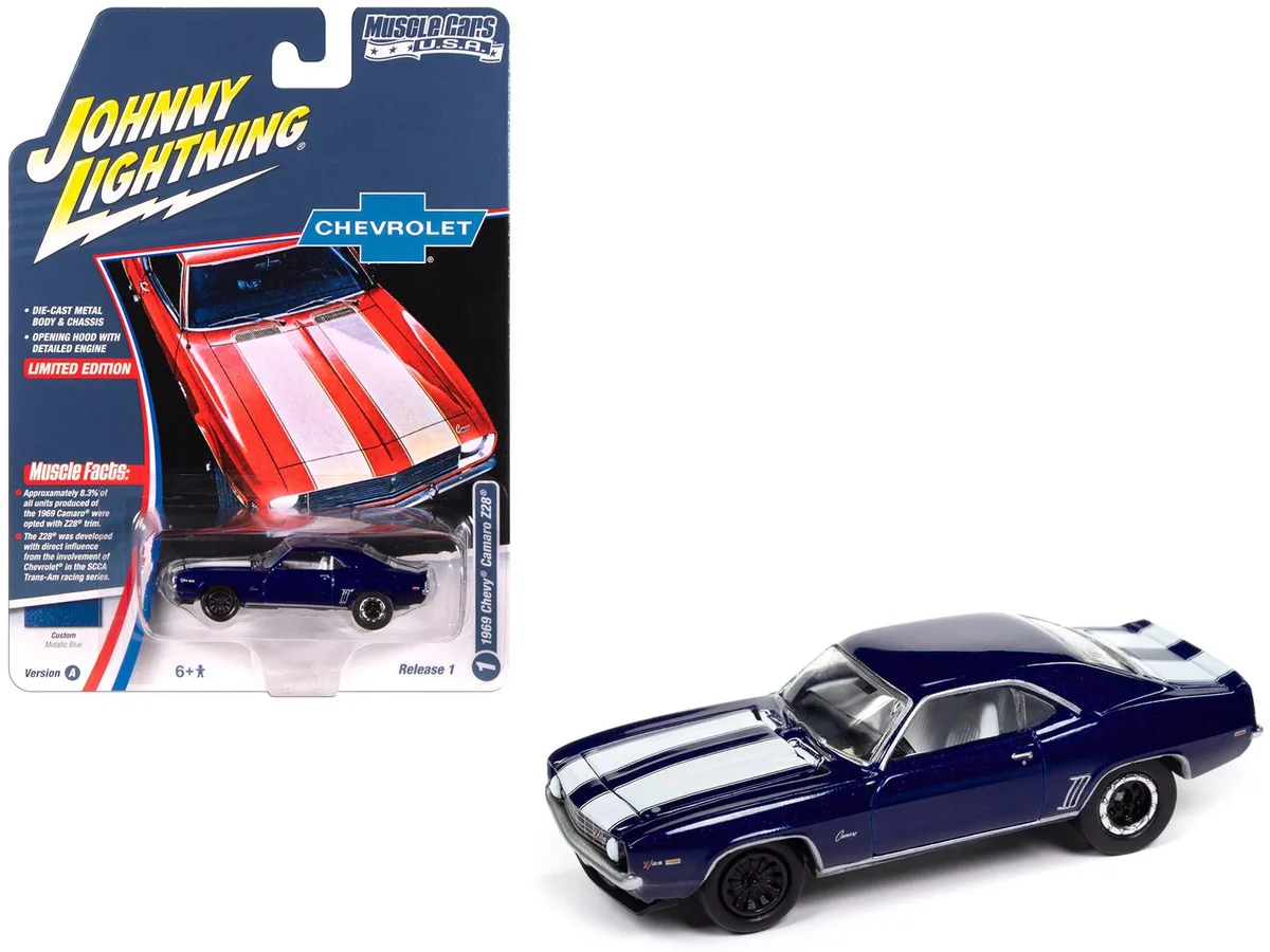 JOHNNY LIGHTNING JOHNNY LIGHTNING 1969 Chevrolet Camaro Z28 Blue Metallic White Stripes 1/64 Diecast Hobby Collectible — product photo