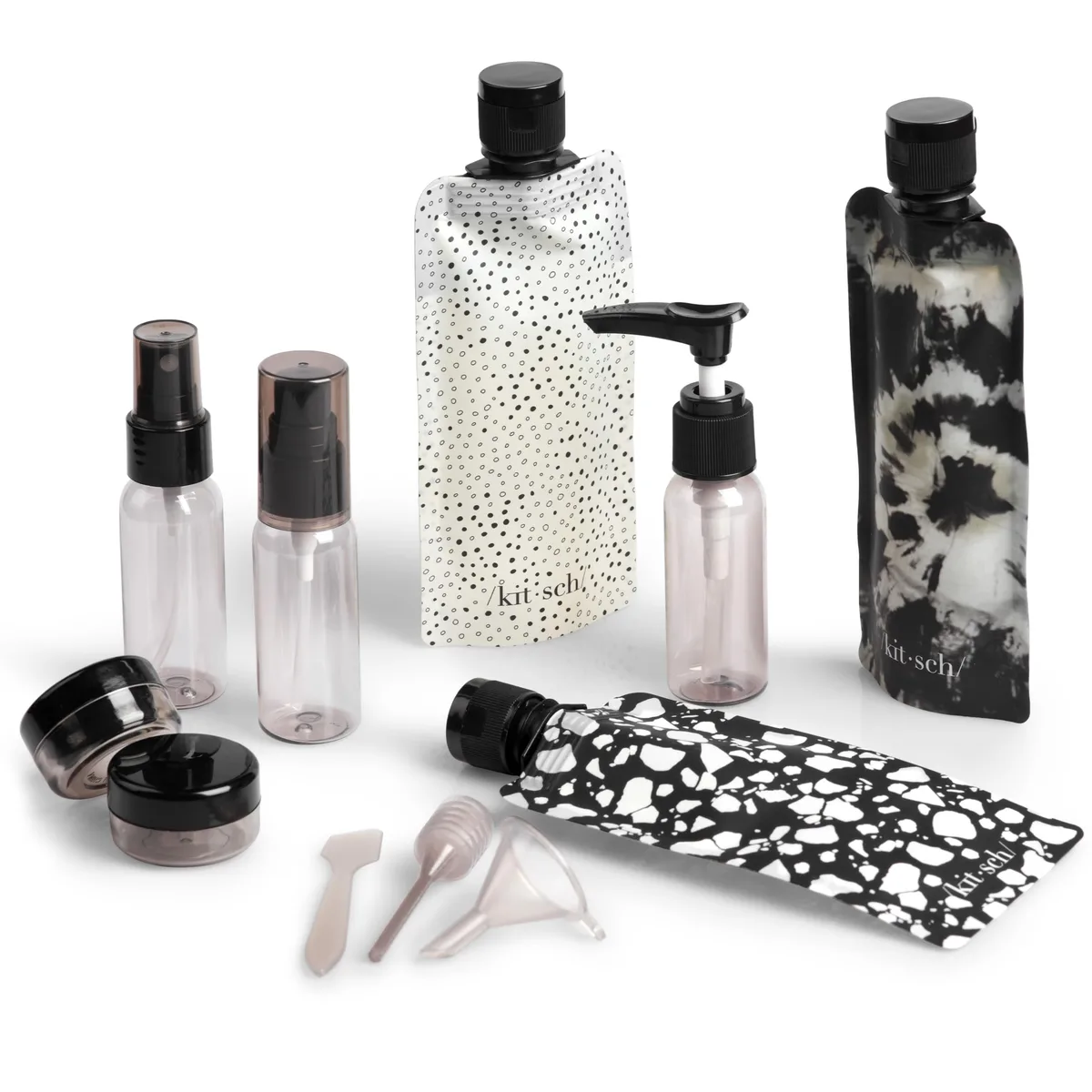 An 11-piece travel toiletry kit with multi-coloured bottles and a zip pouch