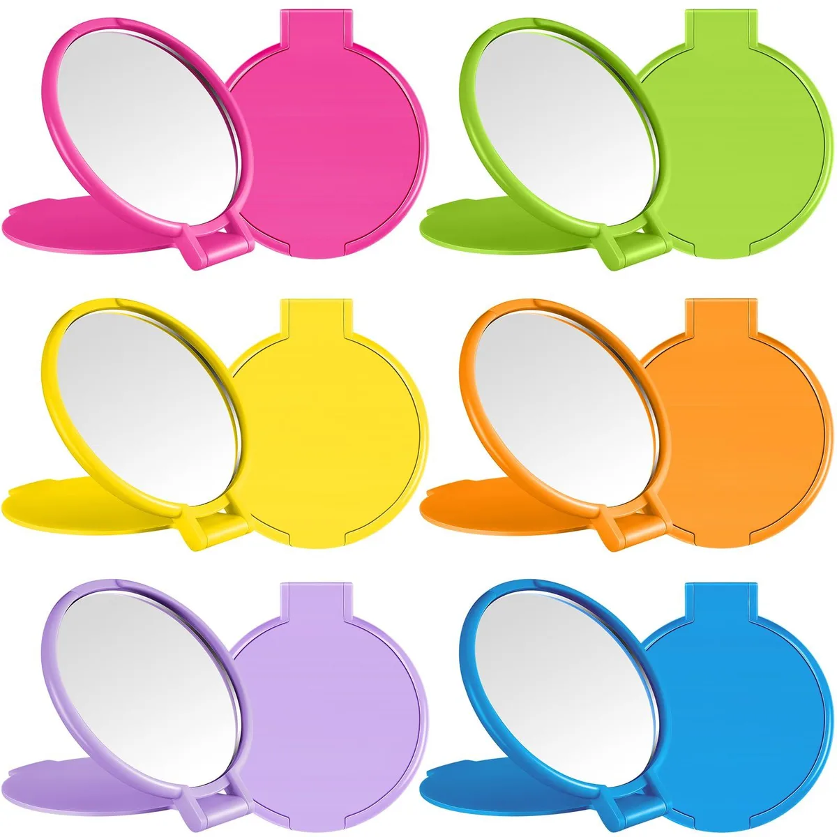 Six small round folding mirrors in bright colours, silver polished plastic frames, each 2.44 by 2.75 inches